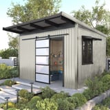 Damwandplaat T18DR Grijswit als dak op een modern tuinhuis met schuifdeur