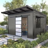 Damwandplaat T18DR als dakbedekking op een modern, donkergrijs tuinhuis