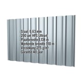 Damwandplaat T18DR wand, venstergrijs RAL 7040, met ingebedde productgegevens over materiaal, dikte en coating