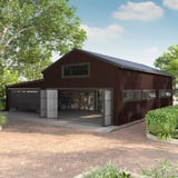 Damwandplaat T18DR wand in RAL 8017 Chocoladebruin als gevel van een garage