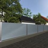 Schutting van damwandplaat T18DR Pelsgrijs, 0,50 mm, als toepassingsvoorbeeld in de tuin