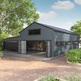 Bedrijfsgebouw met wandbekleding van damwandplaat T18DR Pelsgrijs, als toepassingsvoorbeeld