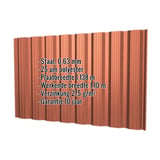 Damwandplaat T18DR wand Koperbruin RAL 8004 met ingebouwde technische gegevens