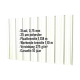 Damwandplaat T18DR Grijswit, 0,75 mm, met ingebedde technische gegevens en materiaalinformatie