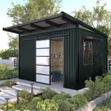 Tuinhuis met dak- en wandbekleding van groene damwandplaat T20M
