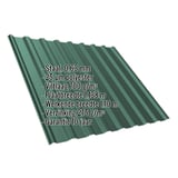 Damwandplaat T20M mosgroen met productdetails zoals staal 0,63 mm, 25 µm polyester, viltlaag 700 g/m²