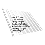 Damwandplaat T20M Lichtgrijs met ingebedde specificaties: staal, 0,75 mm, 25 µm polyester, viltlaag 700 g/m²