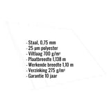 Infographic met de belangrijkste gegevens van de damwandplaat: materiaal, dikte, coating, breedte en garantie