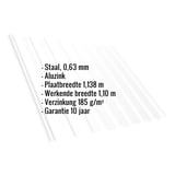 Damwandplaat T20M Aluzink, 0,63 mm, met ingebedde specificaties over materiaal, breedte en garantie