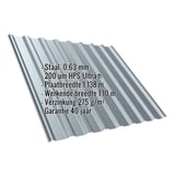 Damwandplaat T20M dak, Venstergrijs RAL 7040, met ingebedde specificaties voor materiaal, dikte en coating