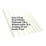 Damwandplaat T20M Grijswit met ingebedde specificaties voor materiaal, dikte en coating