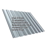 Damwandplaat T20M, Pelsgrijs RAL 7000, 0,50 mm, met ingebedde productgegevens over materiaal en coating