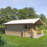 Damwandplaat T20M, Zuiverwit (RAL 9010) als dak op een tuinhuis met veranda