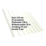 Damwandplaat T20M, Grijswit, met ingebedde productgegevens over materiaal, dikte en coating
