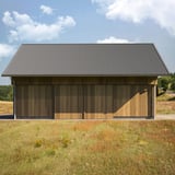 Damwandplaat T20M, 0,50 mm, RAL9007, als dakbedekking op houten gebouw