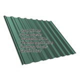 Damwandplaat T20M mosgroen 0,63 mm staal met 25 µm polyester coating, infografik met productdetails