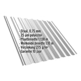 Damwandplaat T20M Zilver-Metallic met ingebedde technische gegevens zoals materiaal, dikte en coating