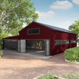 Bedrijfshal met gevelbekleding van damwandplaat T20M Wijnrood RAL 3005