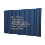 Damwandplaat T20M wand Gentiaanblauw met ingebedde productgegevens zoals materiaal, dikte en coating