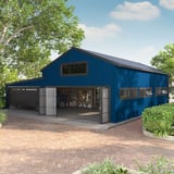Grote hal met wandbekleding van Gentiaanblauw T20M damwandplaat en donker dak