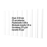 Damwandplaat T20M wand Zuiverwit RAL 9010, 0,50 mm dikte, met ingebouwde productgegevens