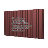Damwandplaat T20M wand Roodbruin RAL 8012 met weergegeven specificaties zoals materiaal, dikte en coating