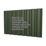 Damwandplaat T20M wand Chroomoxydegroen met ingebedde productgegevens zoals materiaal, dikte en coating