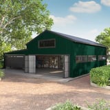 Mosgroene T20M damwandplaat gevelbekleding op een grote garage met twee poorten en oprit