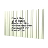 Damwandplaat T20M wand Grijswit, 0,75 mm, met ingebouwde gegevens over materiaal, coating en afmetingen