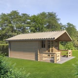 Damwandplaat T35/207M licht ivoorkleurig (RAL 1015) als dakbedekking op een tuinhuis