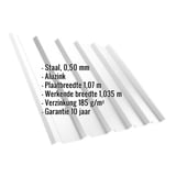 Damwandplaat T35/207MD Aluzink, 0,50 mm, met ingebedde specificaties over materiaal, breedte en garantie