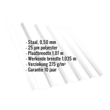 Damwandplaat T35/207MD, zuiverwit RAL 9010, met ingebedde technische gegevens en eigenschappen