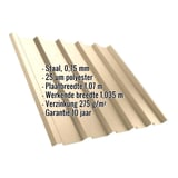 Damwandplaat T35/207MD, licht ivoorkleurig, met ingebedde productgegevens over materiaal en coating