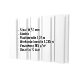 Damwandplaat T35/207M Aluzink, 0,50 mm, met ingebedde specificaties voor materiaal, breedte en garantie