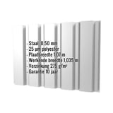 Damwandplaat T35/207M Lichtgrijs met ingebedde specificaties: Staal, 0,50 mm, 25 µm polyester, garantie 10 jaar