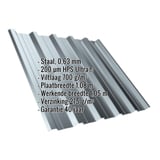 Damwandplaat T35DR in Venstergrijs met ingebedde specificaties: materiaal, dikte, coating, breedte