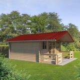 Damwandplaat T35DR kersrood als dak op een tuinhuis met veranda