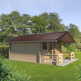 Damwandplaat T35DR in Chocoladebruin (RAL 8017) als dak op een tuinhuis met veranda