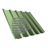 Damwandplaat T35DR Resedagroen met ingebedde productdetails zoals materiaal, dikte en coating