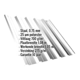 Damwandplaat T35DR lichtgrijs met ingebedde productgegevens over materiaal, dikte, coating en garantie