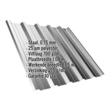 Damwandplaat T35DR, grijs aluminiumkleurig, met ingebedde productgegevens zoals materiaal, dikte en coating