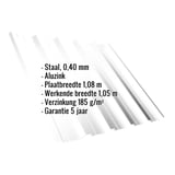 Damwandplaat T35DR Aluzink, 0,40 mm met ingebedde specificaties voor materiaal, breedte en garantie