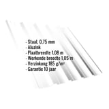 Damwandplaat T35DR Aluzink 0,75 mm, met ingebouwde technische gegevens en garantie-informatie