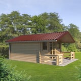 Damwandplaat T35DR roodbruin gemonteerd op een tuinhuis met afdak