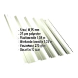 Damwandplaat T35DR Grijswit (RAL 9002) met ingebedde specificaties voor materiaal, dikte en coating