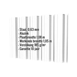 Damwandplaat T35DR Aluzink 0,63 mm met ingebedde specificaties over materiaal, breedte en garantie