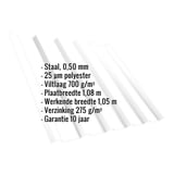 Damwandplaat T35M Zuiverwit, 0,50 mm, met ingebedde gegevens over materiaal, coating en garantie