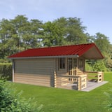 Damwandplaat T35M kersrood 0,40 mm op een tuinhuis met veranda, omgeven door groen