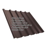 Damwandplaat T35M in Chocoladebruin, 0,40 mm, met ingebedde specificaties voor materiaal, coating en afmetingen