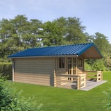 Damwandplaat T35MD dak Gentiaanblauw RAL 5010 op een tuinhuis met luifel